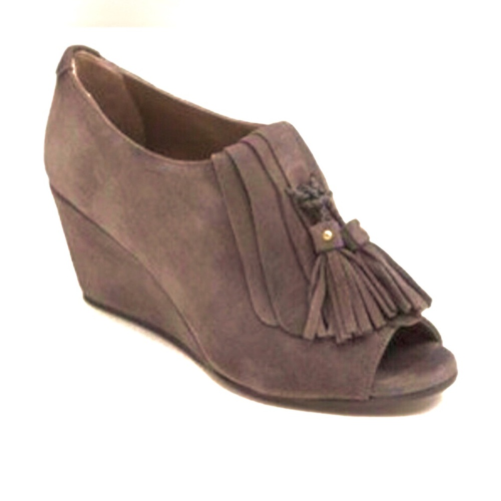 Anyi Lu Brown Suede Tassel Peep-Toe Wedge Bootie